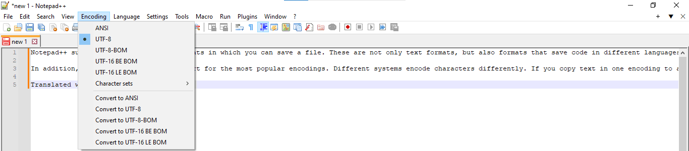 Formats and encodings in Notepad++